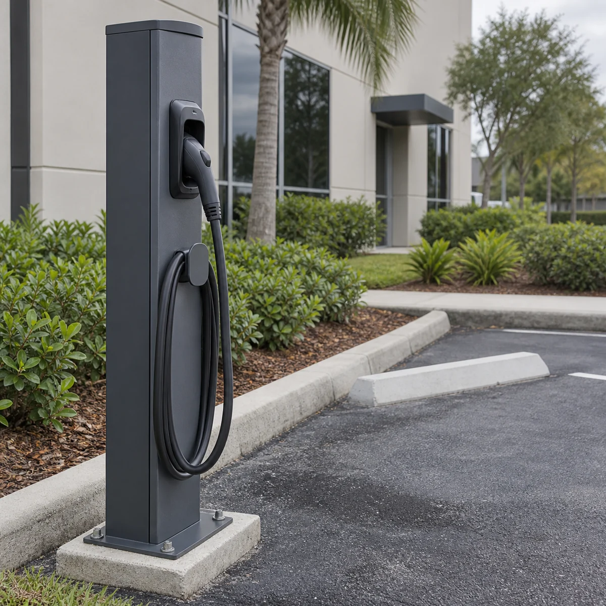 Completed charging station beside a designated commercial parking bay