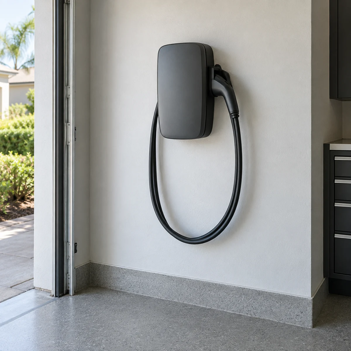Home EV charger with a neatly stored cable and connector