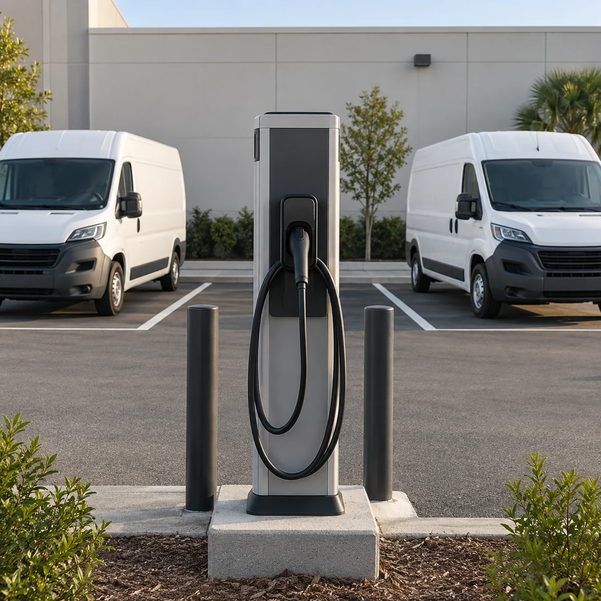 Depot charging equipment beside marked fleet parking spaces