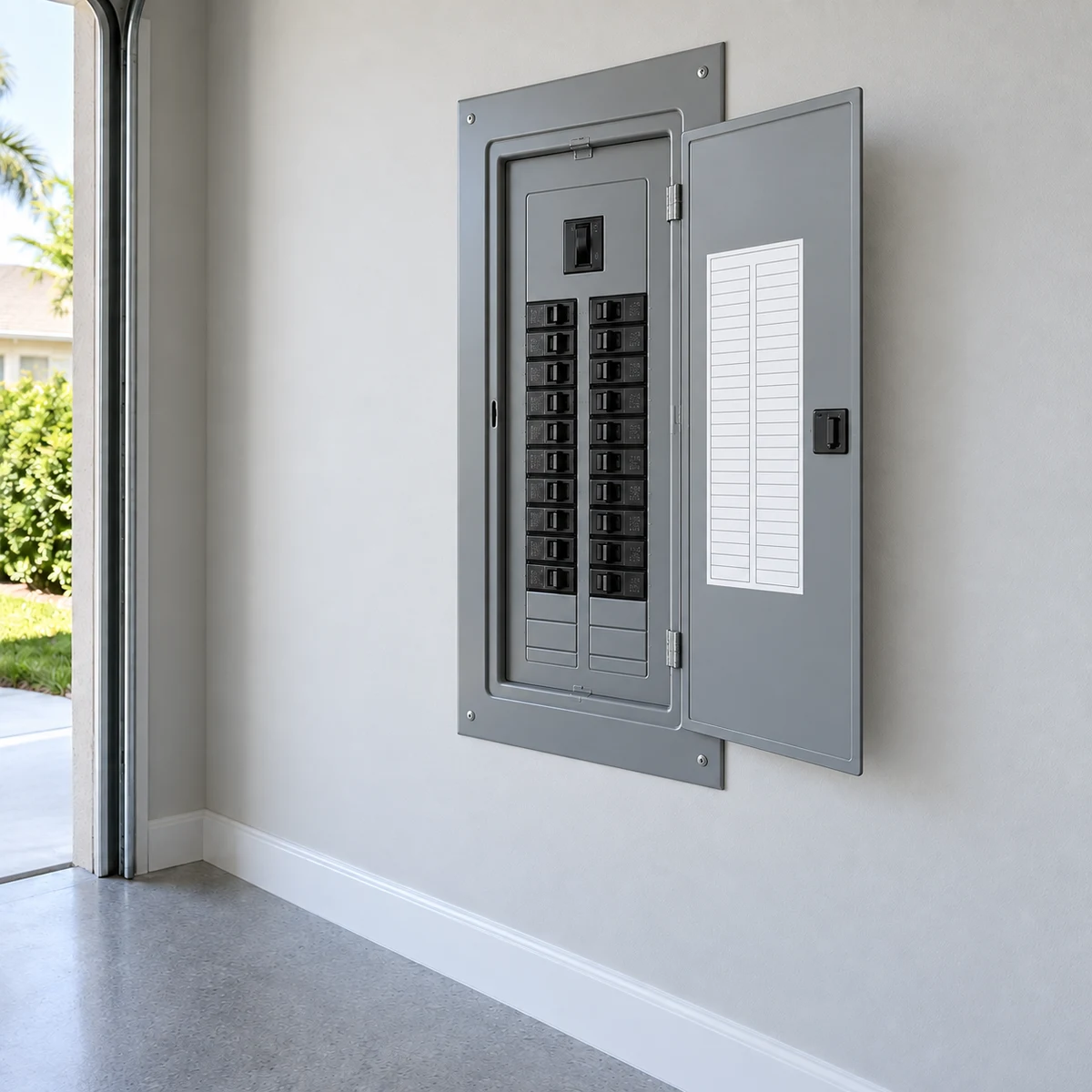 Open electrical panel with visible circuit breakers